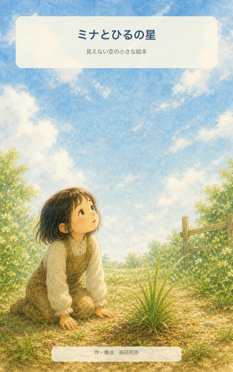 絵本『ミナとひるの星』の表紙。草のそばで昼の空を見上げるミナ