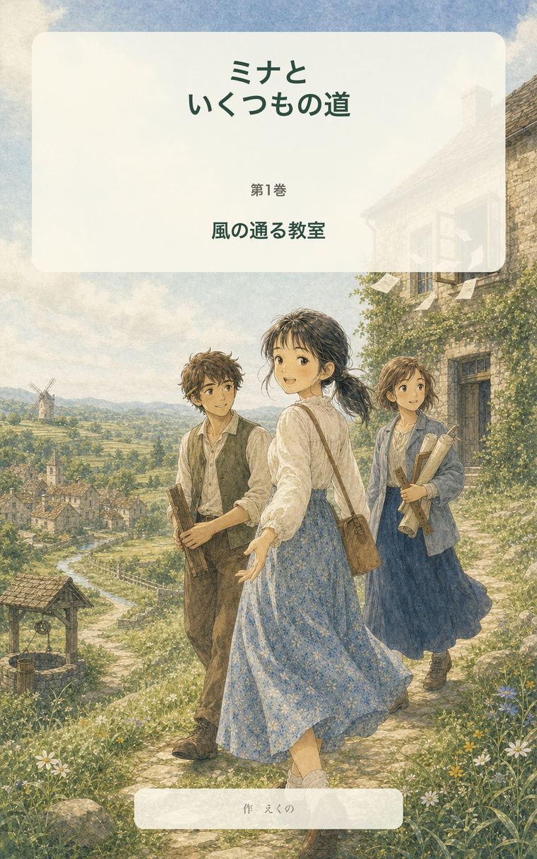 ミナ文庫『ミナといくつもの道』第1巻『風の通る教室』の表紙。成長したミナが仲間と歩く