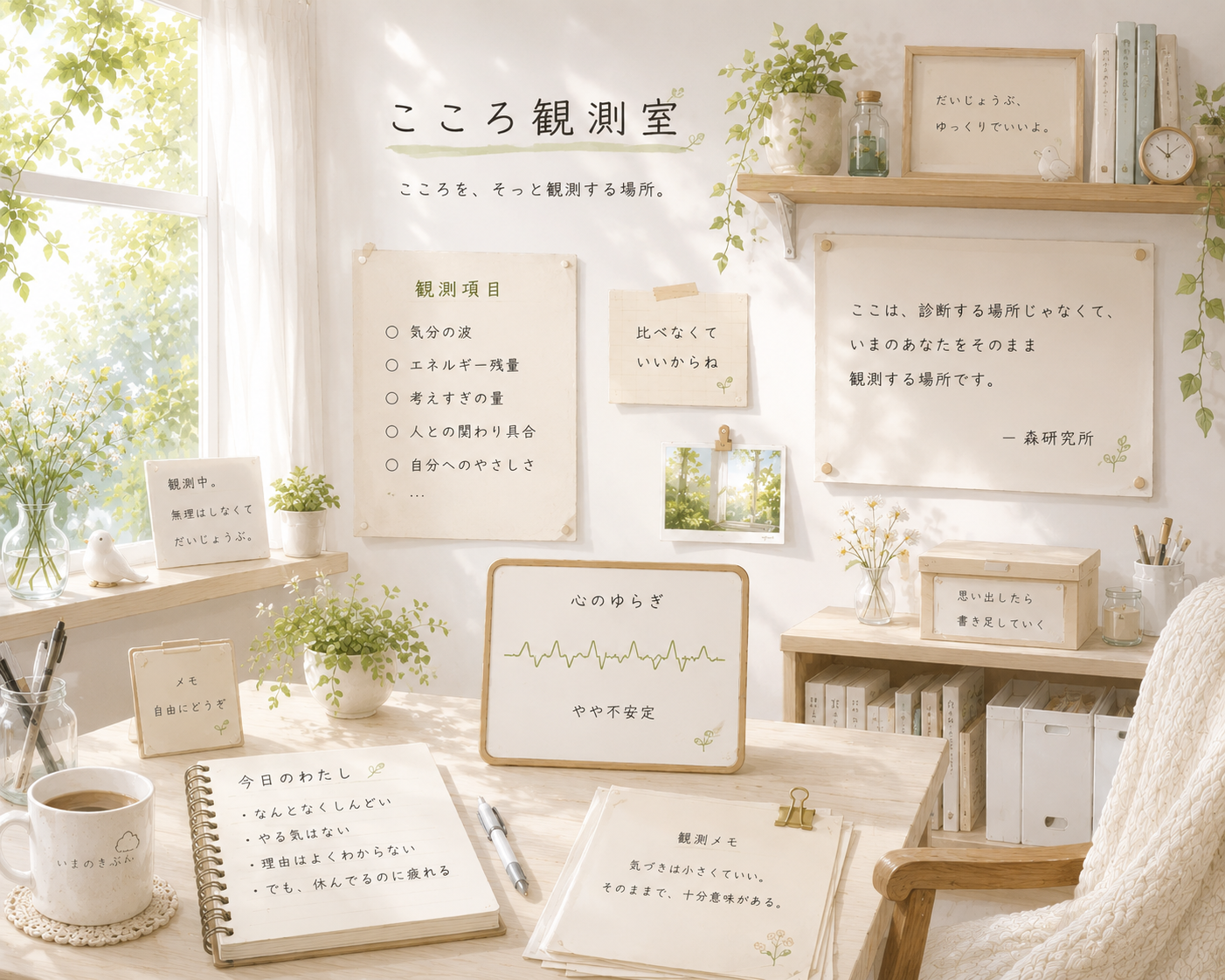 こころ観測室の机と付箋が貼られた壁