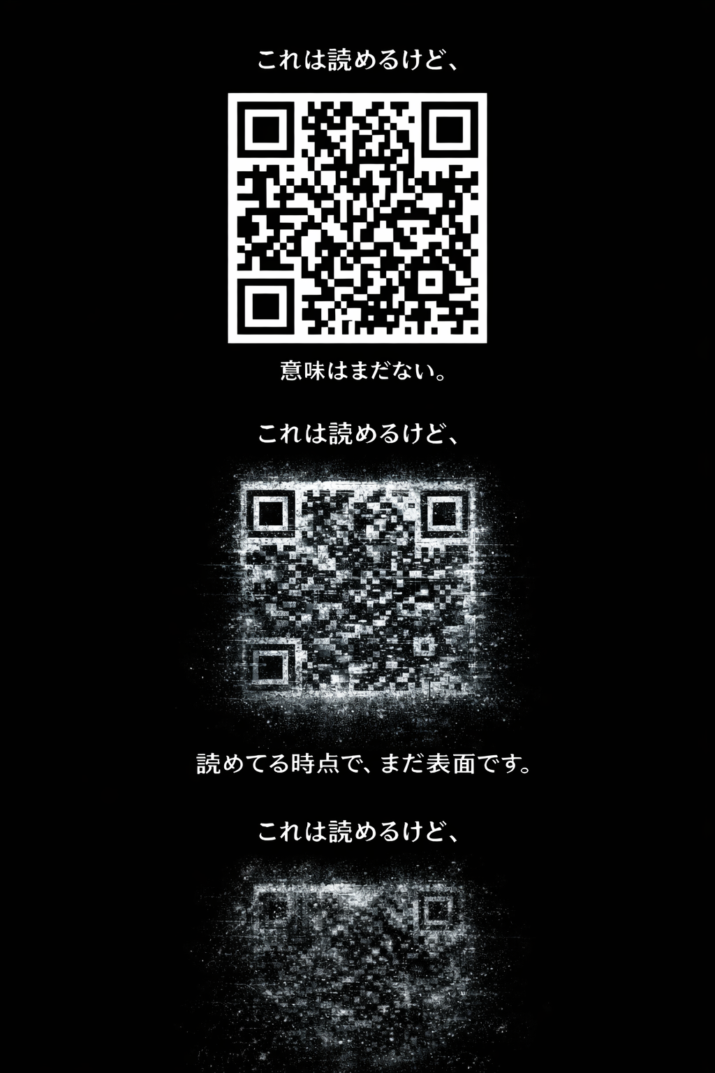 読めるQRと霧に包まれたQRが段階的に並ぶ画像